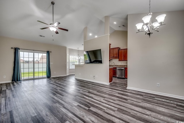 365 Lenox Dr, Conway, SC 29526 - unfurnished living room with a chandelier, high vaulted ceiling, a ceiling fan, dark wood-type flooring, and recessed lighting