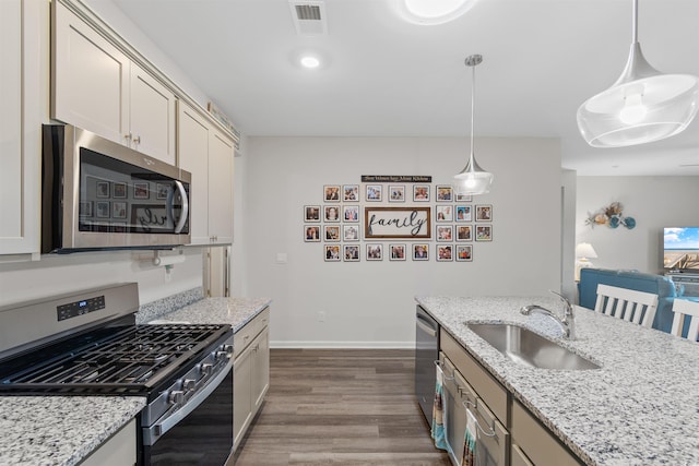2438 Polaris Path, Myrtle Beach, SC 29577 - kitchen with stainless steel appliances, dark wood-style flooring, pendant lighting, and light stone countertops