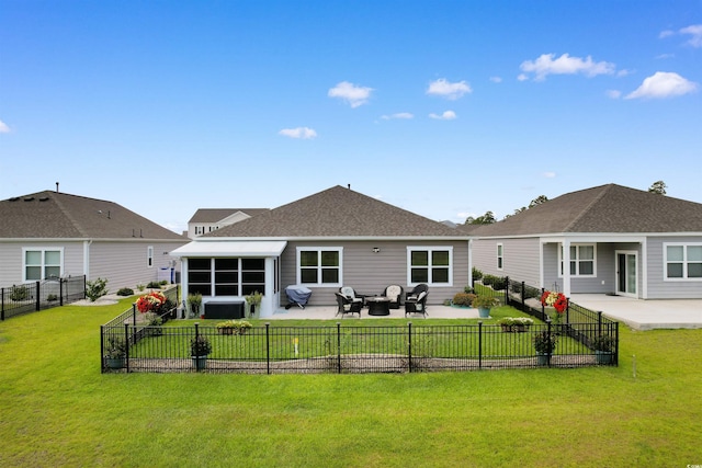 2438 Polaris Path, Myrtle Beach, SC 29577 - rear view of house with an outdoor living space, a sunroom, a patio, a fenced backyard, and a shingled roof