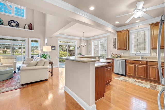 431 Huntington Lake Cir Unit 80, Pawleys Island, SC 29585 - kitchen with dishwasher, light wood-type flooring, a kitchen island, brown cabinetry, and recessed lighting