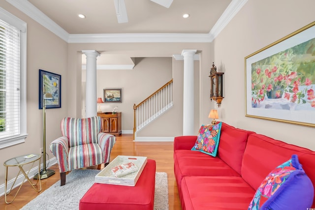431 Huntington Lake Cir Unit 80, Pawleys Island, SC 29585 - living area with plenty of natural light, wood finished floors, decorative columns, ornamental molding, and recessed lighting