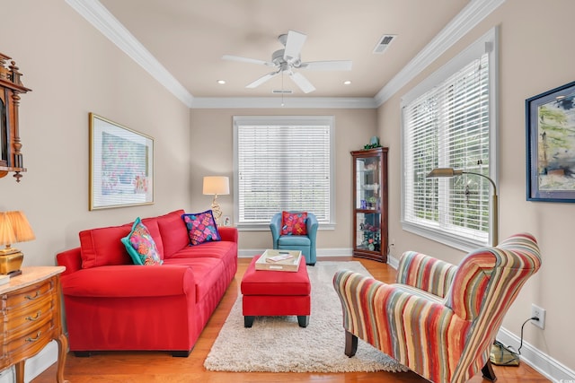 431 Huntington Lake Cir Unit 80, Pawleys Island, SC 29585 - living area with a ceiling fan, wood finished floors, crown molding, and recessed lighting