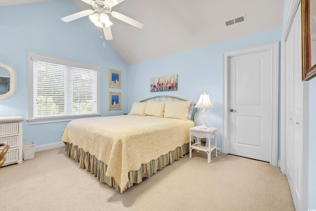 431 Huntington Lake Cir Unit 80, Pawleys Island, SC 29585 - bedroom featuring light carpet, lofted ceiling, and ceiling fan