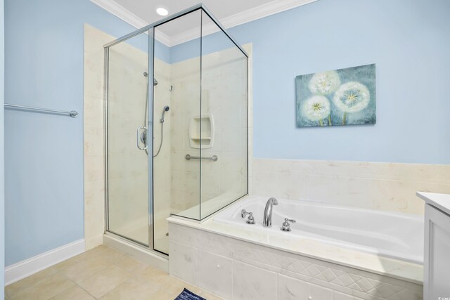 431 Huntington Lake Cir Unit 80, Pawleys Island, SC 29585 - bathroom with crown molding, a stall shower, a bath, tile patterned flooring, and vanity