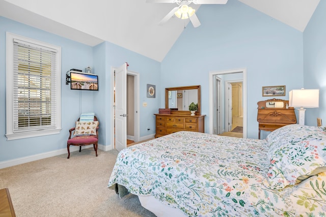 431 Huntington Lake Cir Unit 80, Pawleys Island, SC 29585 - bedroom featuring high vaulted ceiling, carpet flooring, and ceiling fan