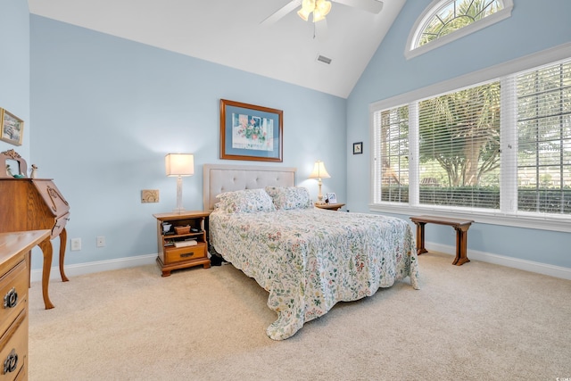431 Huntington Lake Cir Unit 80, Pawleys Island, SC 29585 - bedroom featuring high vaulted ceiling, light carpet, and ceiling fan