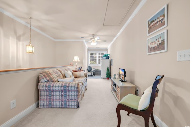 431 Huntington Lake Cir Unit 80, Pawleys Island, SC 29585 - living area with attic access, ornamental molding, carpet flooring, and a ceiling fan