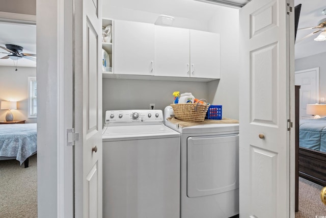709 Triple Oak Ln, Garden City Beach, SC 29576 - washroom featuring a ceiling fan, washer and clothes dryer, carpet floors, and cabinet space