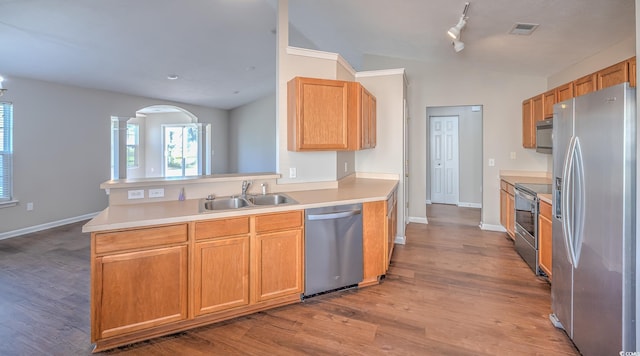 4524 E Walkerton Rd, Myrtle Beach, SC 29579 - kitchen with appliances with stainless steel finishes, a peninsula, wood finished floors, light countertops, and vaulted ceiling