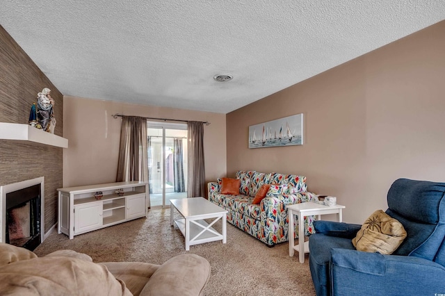 808 Myrtle Ct Unit 808, North Myrtle Beach, SC 29582 - living room with carpet, a fireplace, and a textured ceiling