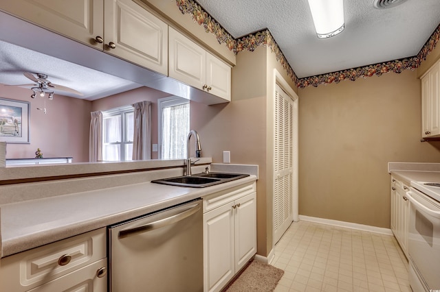 808 Myrtle Ct Unit 808, North Myrtle Beach, SC 29582 - kitchen with dishwasher, white range with electric stovetop, a textured ceiling, light countertops, and ceiling fan