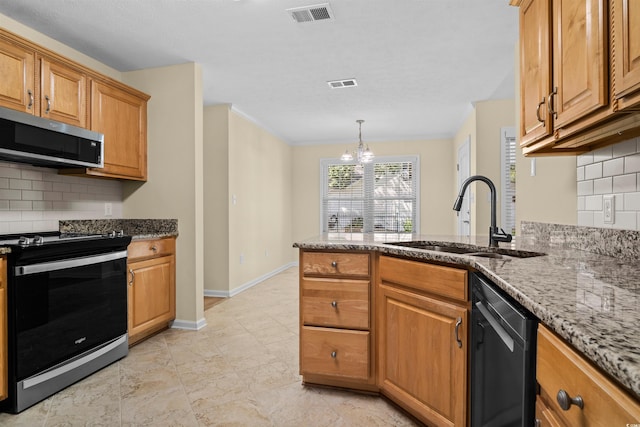 104 Ashton Cir, Myrtle Beach, SC 29588 - kitchen with appliances with stainless steel finishes, a peninsula, decorative backsplash, a chandelier, and stone countertops