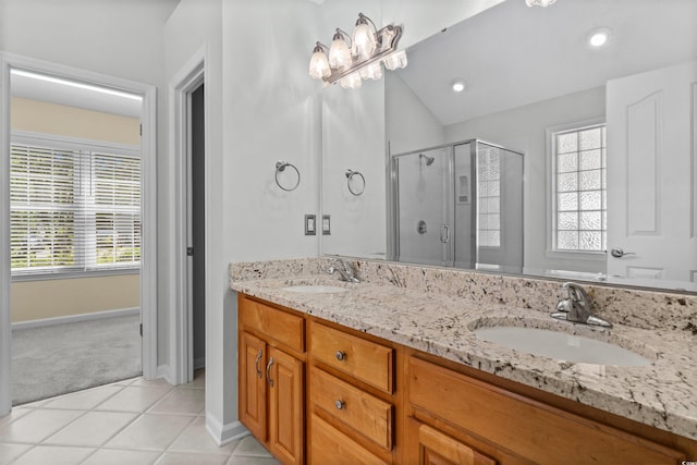 104 Ashton Cir, Myrtle Beach, SC 29588 - full bath with a stall shower, double vanity, healthy amount of natural light, tile patterned flooring, and lofted ceiling