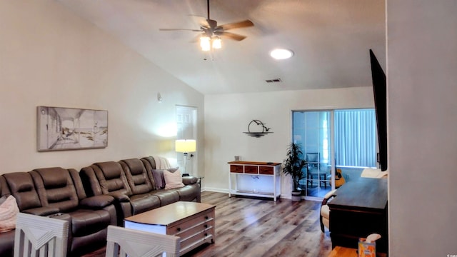 219 Birdie Way, Longs, SC 29568 - living room with vaulted ceiling, a ceiling fan, wood finished floors, and recessed lighting