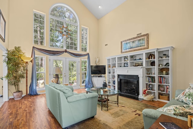 509 June Bug Ct, Myrtle Beach, SC 29588 - living area with high vaulted ceiling, wood finished floors, a fireplace with flush hearth, and plenty of natural light