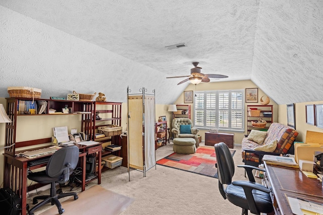 509 June Bug Ct, Myrtle Beach, SC 29588 - office with carpet flooring, ceiling fan, vaulted ceiling, and a textured ceiling