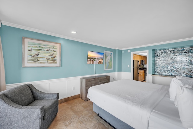 1501 S Ocean Blvd Unit 639, Myrtle Beach, SC 29577 - bedroom with freestanding refrigerator, ornamental molding, wainscoting, and recessed lighting