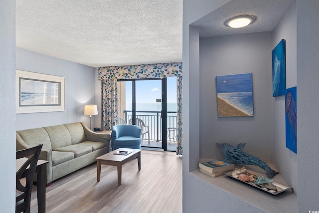 4800 S Ocean Blvd Unit 1008, North Myrtle Beach, SC 29582 - living area with a textured ceiling, wood finished floors, and a water view