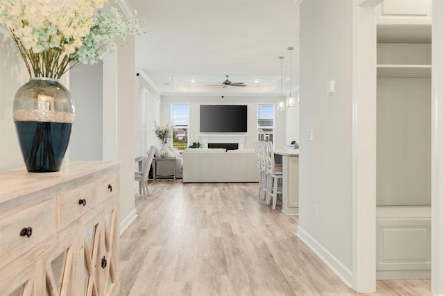 5087 Sundrop Ln, Little River, SC 29566 - hall featuring a raised ceiling, light wood-type flooring, crown molding, and recessed lighting