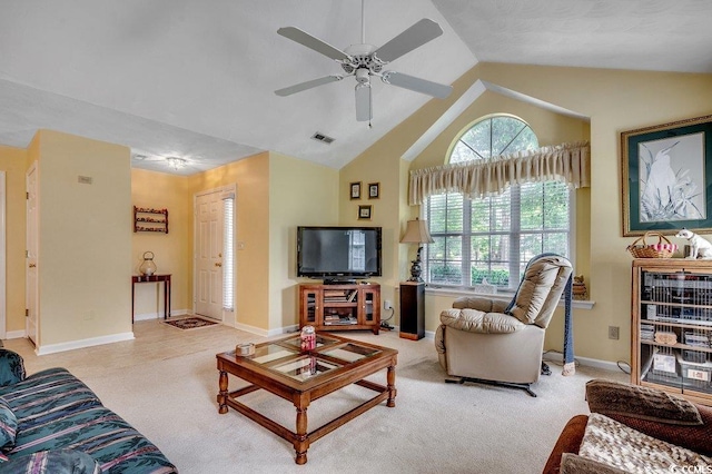 220 Gateway Dr, Little River, SC 29566 - living area with high vaulted ceiling, a ceiling fan, and carpet floors