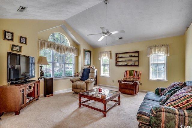 220 Gateway Dr, Little River, SC 29566 - living room featuring vaulted ceiling, light carpet, and a ceiling fan