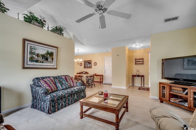 220 Gateway Dr, Little River, SC 29566 - living room with lofted ceiling, light colored carpet, a chandelier, and a ceiling fan