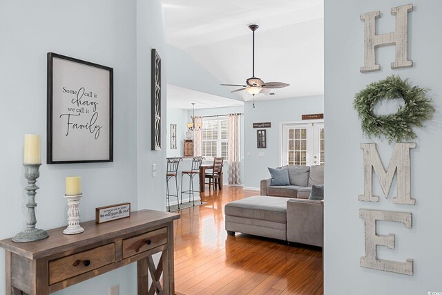 755 Wintercreeper Dr, Longs, SC 29568 - living room with french doors, ceiling fan, wood finished floors, and vaulted ceiling