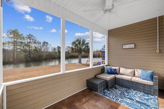 755 Wintercreeper Dr, Longs, SC 29568 - sunroom / solarium featuring a water view and a ceiling fan