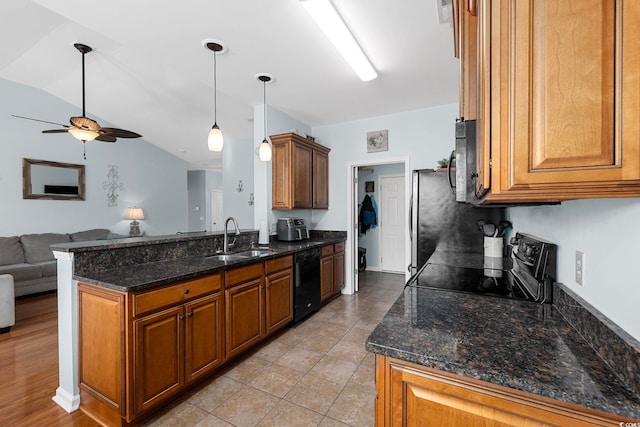755 Wintercreeper Dr, Longs, SC 29568 - kitchen with dishwasher, ceiling fan, open floor plan, brown cabinetry, and lofted ceiling