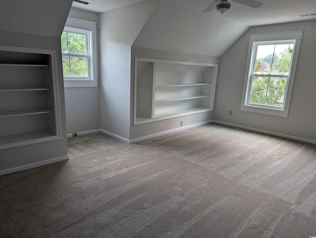 4719 National Dr, Myrtle Beach, SC 29579 - additional living space with ceiling fan, healthy amount of natural light, carpet floors, vaulted ceiling, and built in shelves