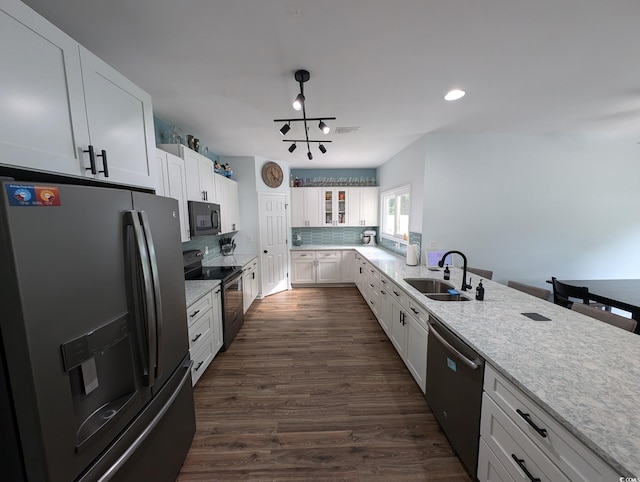 236 Haley Brooke Dr, Conway, SC 29526 - kitchen featuring appliances with stainless steel finishes, backsplash, white cabinets, glass insert cabinets, and dark wood-style floors