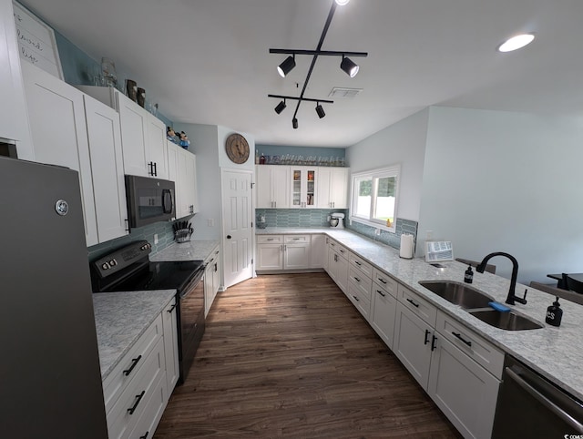 236 Haley Brooke Dr, Conway, SC 29526 - kitchen featuring black appliances, tasteful backsplash, white cabinets, dark wood-type flooring, and light stone counters