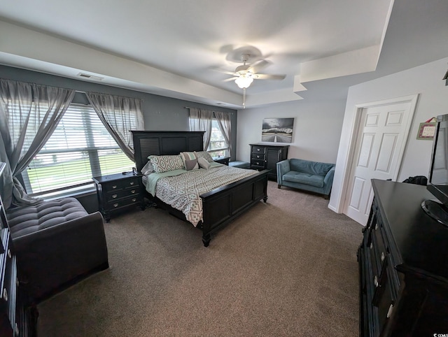 236 Haley Brooke Dr, Conway, SC 29526 - bedroom featuring dark carpet, a tray ceiling, and a ceiling fan