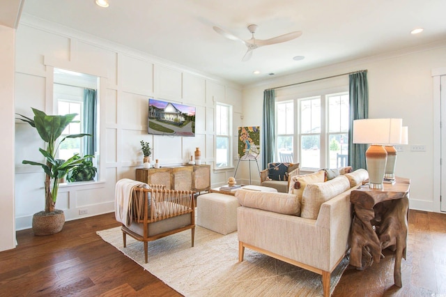 1627 Sayebrook Pkwy, Myrtle Beach, SC 29588 - living room with crown molding, wood finished floors, ceiling fan, a decorative wall, and recessed lighting