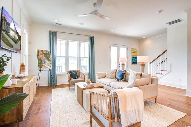 1627 Sayebrook Pkwy, Myrtle Beach, SC 29588 - living room with ceiling fan, crown molding, stairway, light wood-style floors, and recessed lighting