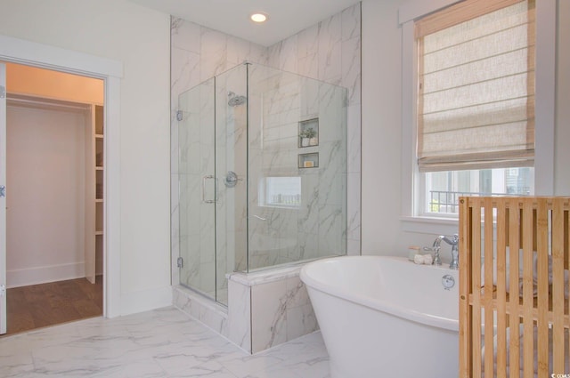1627 Sayebrook Pkwy, Myrtle Beach, SC 29588 - full bath featuring a marble finish shower, marble finish floors, a freestanding bath, recessed lighting, and a walk in closet
