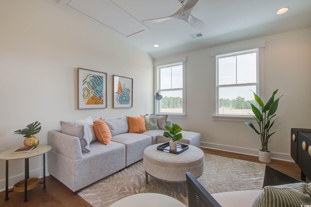 1627 Sayebrook Pkwy, Myrtle Beach, SC 29588 - living area with attic access, a ceiling fan, wood finished floors, and recessed lighting