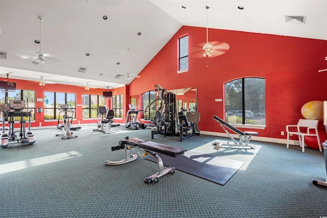 312 Caldera Ct, Murrells Inlet, SC 29576 - gym featuring ceiling fan, carpet flooring, and high vaulted ceiling
