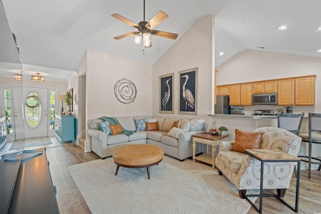 312 Caldera Ct, Murrells Inlet, SC 29576 - living room with light wood finished floors, ceiling fan, high vaulted ceiling, and recessed lighting