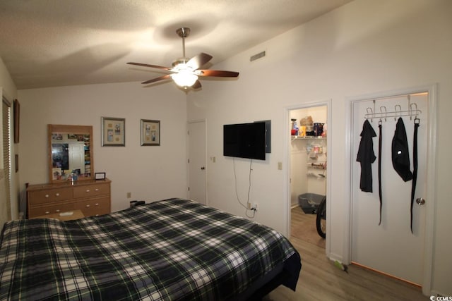 423 Tree Top Ct Unit 23-B, Myrtle Beach, SC 29588 - bedroom featuring vaulted ceiling, light wood-style flooring, ceiling fan, and a spacious closet