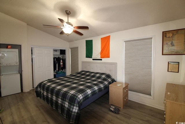 423 Tree Top Ct Unit 23-B, Myrtle Beach, SC 29588 - bedroom featuring stacked washer and clothes dryer, wood finished floors, lofted ceiling, a closet, and ceiling fan