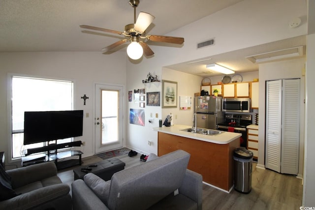 423 Tree Top Ct Unit 23-B, Myrtle Beach, SC 29588 - living room with light wood-style floors, vaulted ceiling, and a ceiling fan