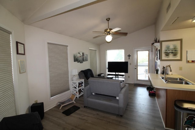 423 Tree Top Ct Unit 23-B, Myrtle Beach, SC 29588 - living area with vaulted ceiling, dark wood-style floors, and ceiling fan