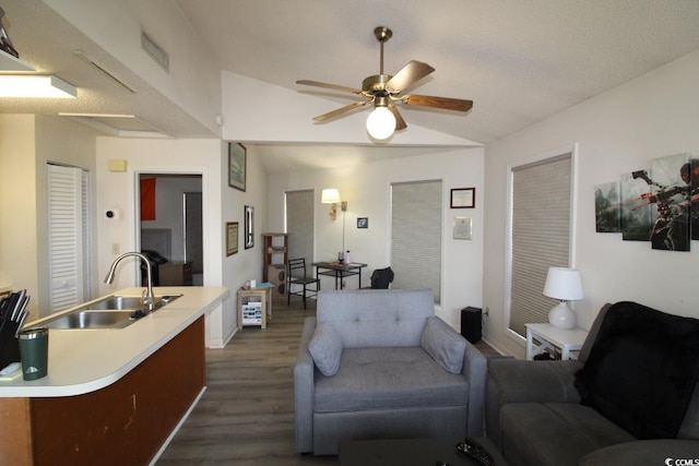 423 Tree Top Ct Unit 23-B, Myrtle Beach, SC 29588 - living room featuring dark wood-type flooring, vaulted ceiling, and ceiling fan