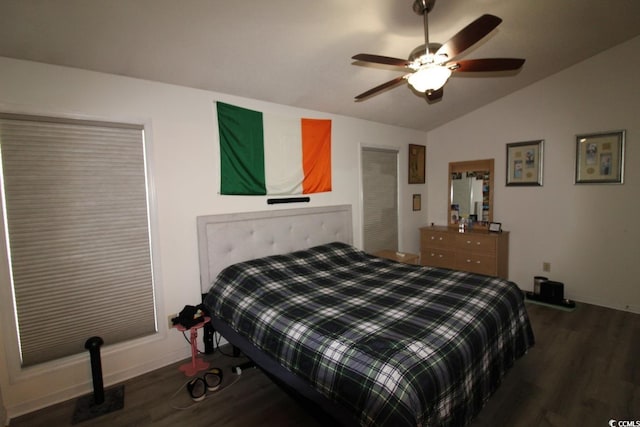 423 Tree Top Ct Unit 23-B, Myrtle Beach, SC 29588 - bedroom featuring wood finished floors, vaulted ceiling, and a ceiling fan