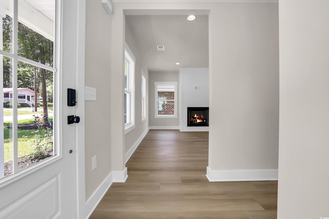 4329 Landing Rd, Little River, SC 29566 - entryway featuring wood finished floors, recessed lighting, and a warm lit fireplace
