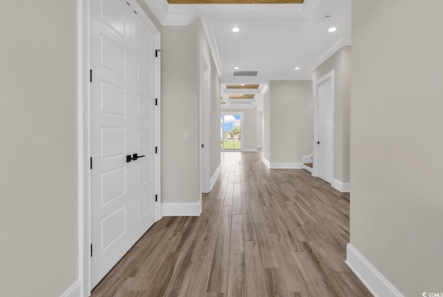 1112 Whispering Winds Dr, Myrtle Beach, SC 29579 - hallway featuring ornamental molding, wood finished floors, and recessed lighting