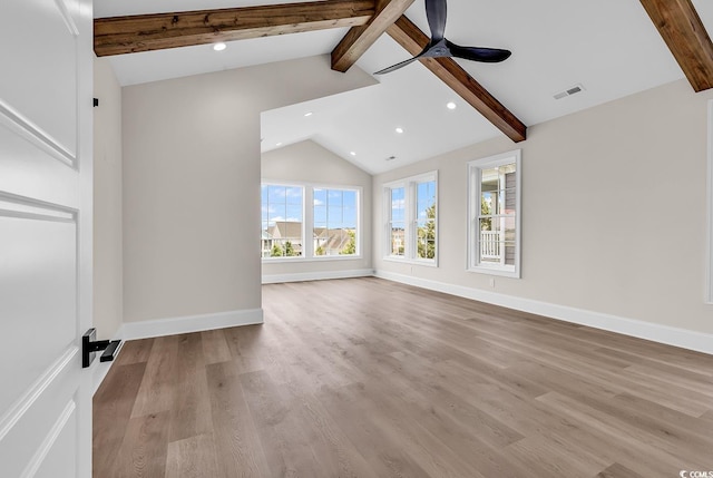1112 Whispering Winds Dr, Myrtle Beach, SC 29579 - unfurnished living room featuring ceiling fan, beam ceiling, light wood-style floors, recessed lighting, and high vaulted ceiling