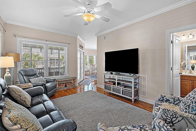 1011 Sable Palm Way, Surfside Beach, SC 29575 - living room featuring wood finished floors, crown molding, and ceiling fan