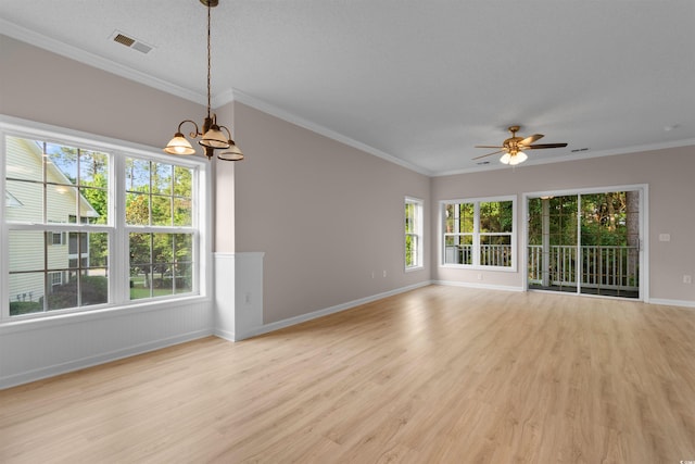 5870 Longwood Dr Unit 201, Murrells Inlet, SC 29576 - unfurnished living room featuring a chandelier, light wood-type flooring, ceiling fan, and crown molding